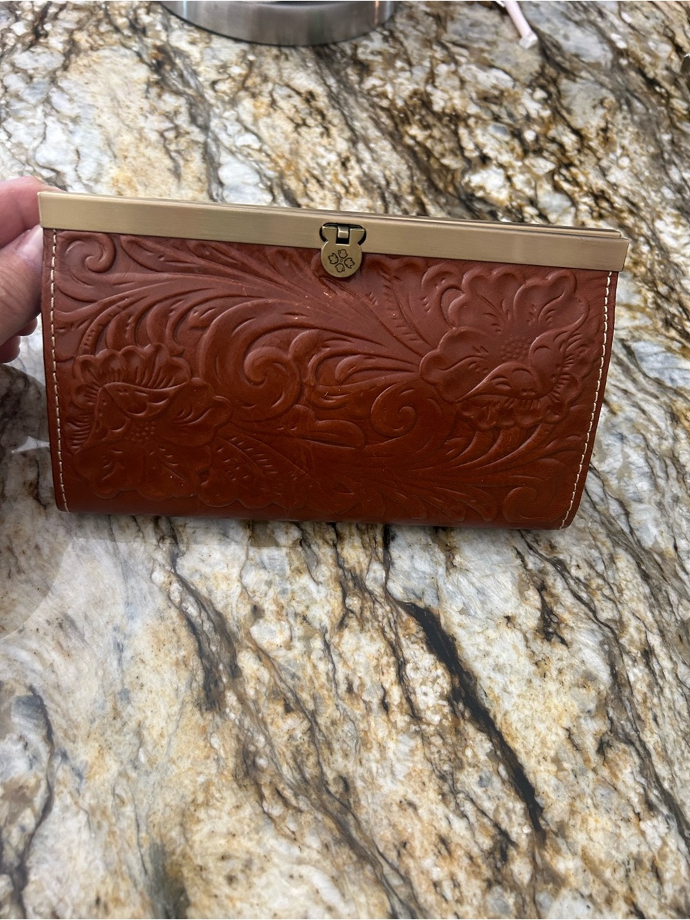 Patricia Nash Cauchy Tooled Leather Frame Wallet in Chestnut Brown w/Gold Trim